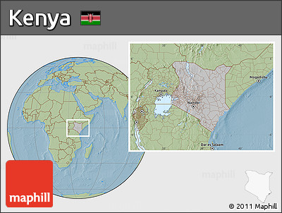 Gray Location Map of Kenya, savanna style outside, hill shading