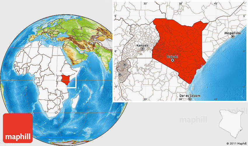 Physical Location Map of Kenya highlighted continent