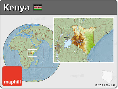Physical Location Map of Kenya, savanna style outside, hill shading