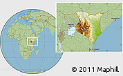 Physical Location Map of Kenya, savanna style outside