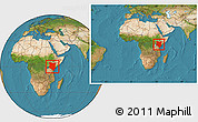 Satellite Location Map of Kenya, within the entire continent