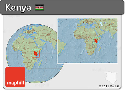 Savanna Style Location Map of Kenya, within the entire continent, hill shading