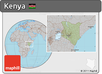 Savanna Style Location Map of Kenya, gray outside, hill shading inside