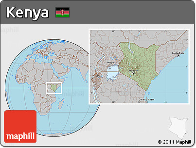 Savanna Style Location Map of Kenya, gray outside, hill shading inside