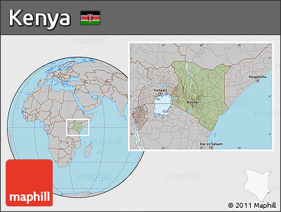 Savanna Style Location Map of Kenya, gray outside, hill shading inside