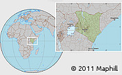 Savanna Style Location Map of Kenya, gray outside, hill shading inside