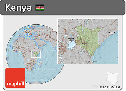 Savanna Style Location Map of Kenya, gray outside, hill shading