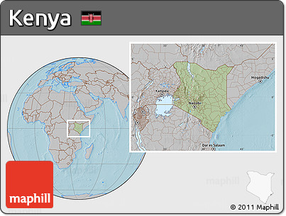 Savanna Style Location Map of Kenya, gray outside, hill shading