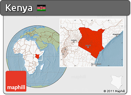 Savanna Style Location Map of Kenya, highlighted continent, hill shading