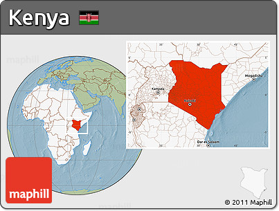 Savanna Style Location Map of Kenya, highlighted continent, hill shading