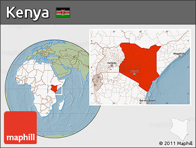 Savanna Style Location Map of Kenya, highlighted continent, hill shading