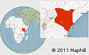 Savanna Style Location Map of Kenya, highlighted continent, hill shading