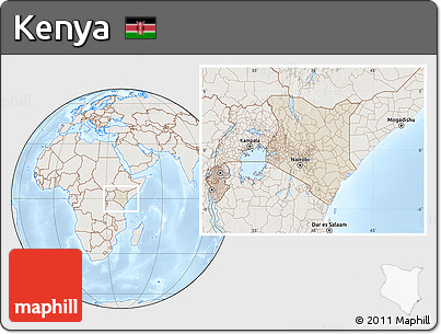 Shaded Relief Location Map of Kenya, lighten