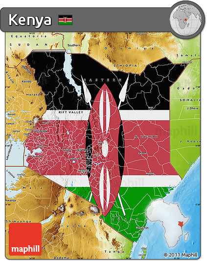 Flag Map of Kenya, physical outside, bathymetry sea