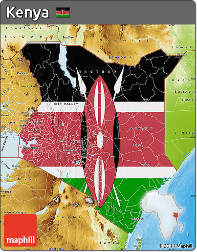 Flag Map of Kenya, physical outside, bathymetry sea