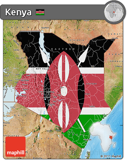 Flag Map of Kenya, satellite outside, bathymetry sea, flag centered
