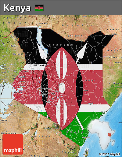 Flag Map of Kenya, satellite outside, bathymetry sea, flag centered
