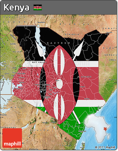 Flag Map of Kenya, satellite outside, bathymetry sea, flag centered