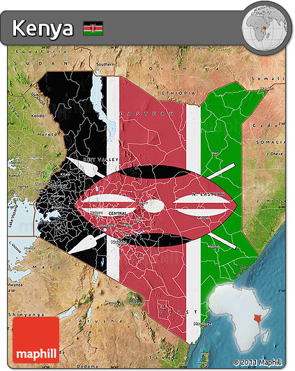 Flag Map of Kenya, satellite outside, flag aligned to the middle