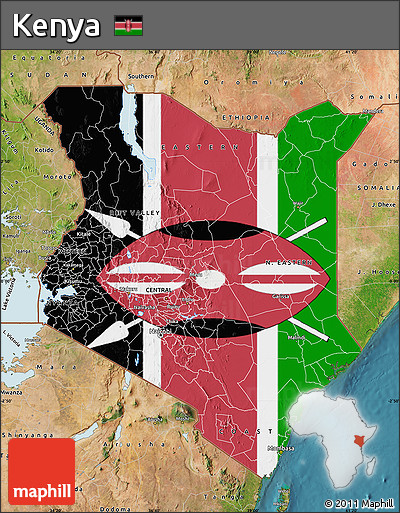 Flag Map of Kenya, satellite outside, flag aligned to the middle