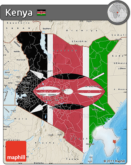 Flag Map of Kenya, shaded relief outside, bathymetry sea, flag aligned to the middle