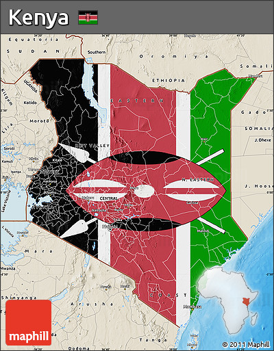 Flag Map of Kenya, shaded relief outside, bathymetry sea, flag aligned to the middle