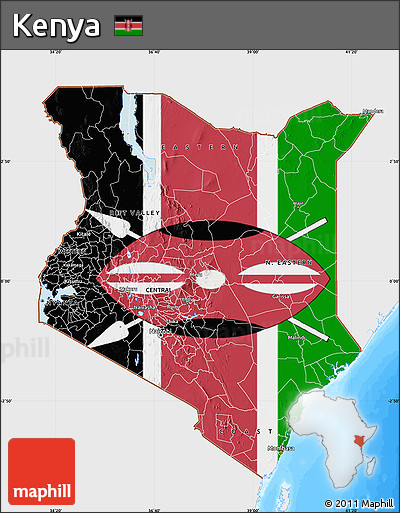 Flag Map of Kenya, single color outside, bathymetry sea, flag aligned to the middle