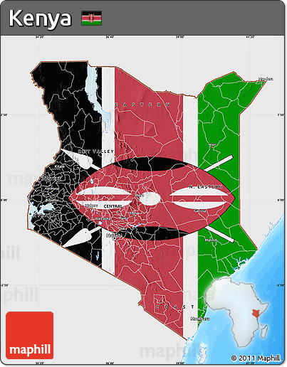 Flag Map of Kenya, single color outside, bathymetry sea, flag aligned to the middle