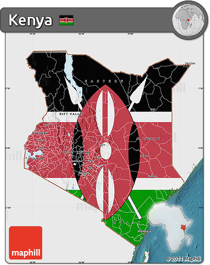 Flag Map of Kenya, single color outside, satellite sea, flag centered