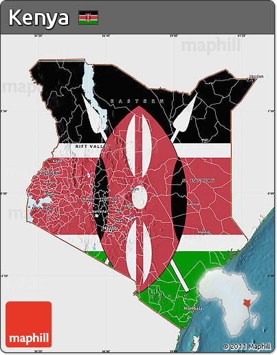Flag Map of Kenya, single color outside, satellite sea, flag centered
