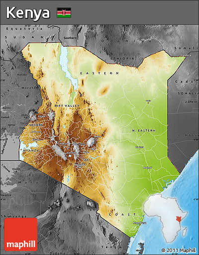 Physical Map of Kenya, darken, desaturated, land only