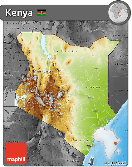 Physical Map of Kenya, darken, desaturated, land only