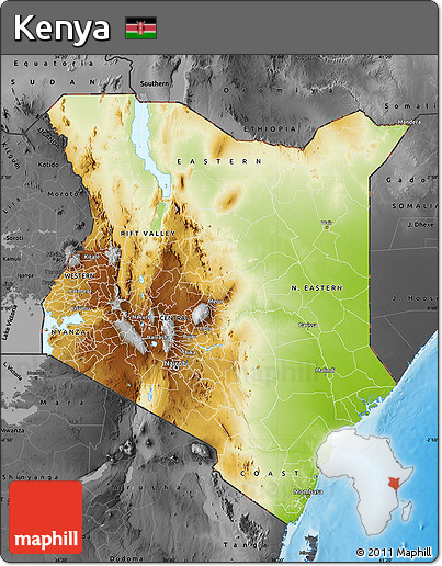 Physical Map of Kenya, darken, desaturated, land only