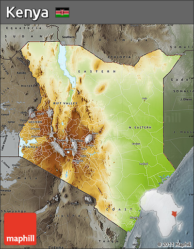 Physical Map of Kenya, darken, semi-desaturated