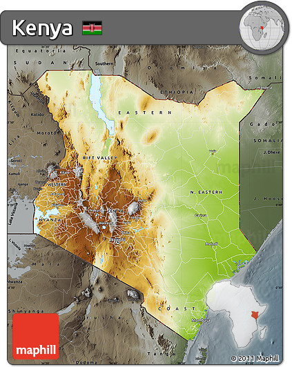 Physical Map of Kenya, darken, semi-desaturated