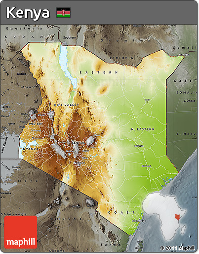 Physical Map of Kenya, darken, semi-desaturated