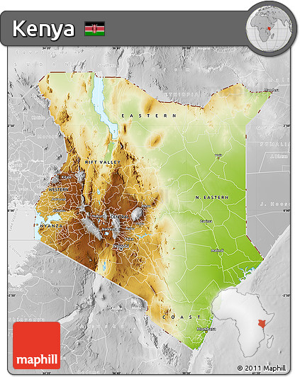 Physical Map of Kenya, lighten, desaturated