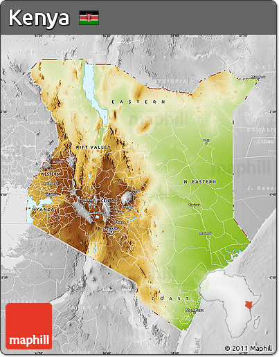 Physical Map of Kenya, lighten, desaturated
