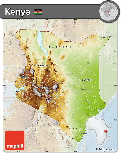 Physical Map of Kenya, lighten