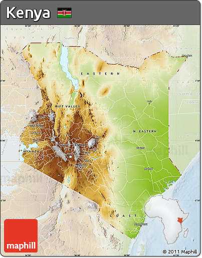 Physical Map of Kenya, lighten