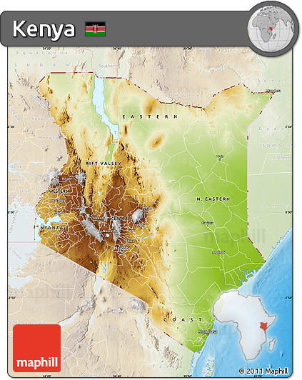 Physical Map of Kenya, lighten, land only