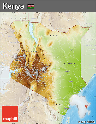 Physical Map of Kenya, lighten, land only
