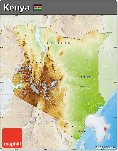 Physical Map of Kenya, lighten, land only