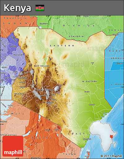 Physical Map of Kenya, political shades outside