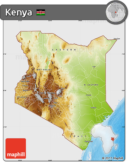 Physical Map of Kenya, single color outside, bathymetry sea, shaded relief sea