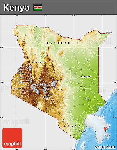 Physical Map of Kenya, single color outside, bathymetry sea, shaded relief sea