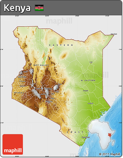 Physical Map of Kenya, single color outside, bathymetry sea, shaded relief sea