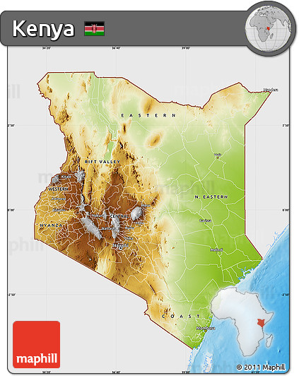 Physical Map of Kenya, single color outside