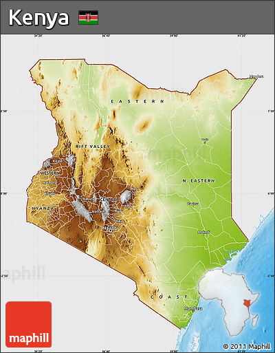 Physical Map of Kenya, single color outside