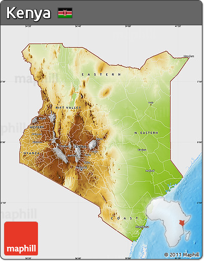 Physical Map of Kenya, single color outside